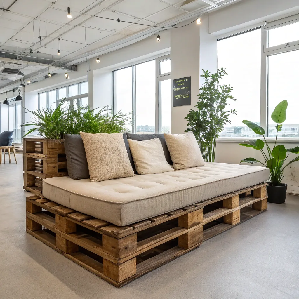 Pallet sofa with cushions in a modern office space