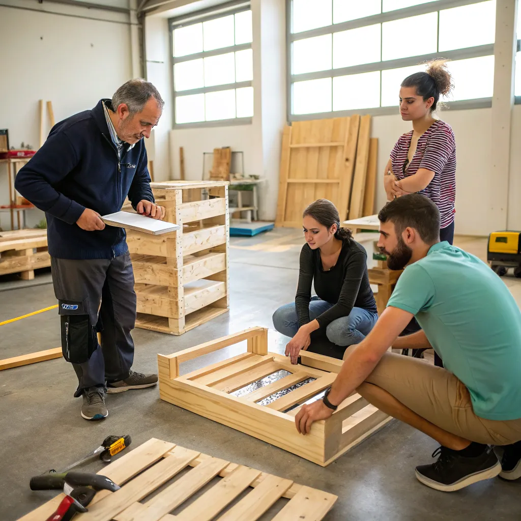 Instructor guiding participants in a pallet furniture workshop